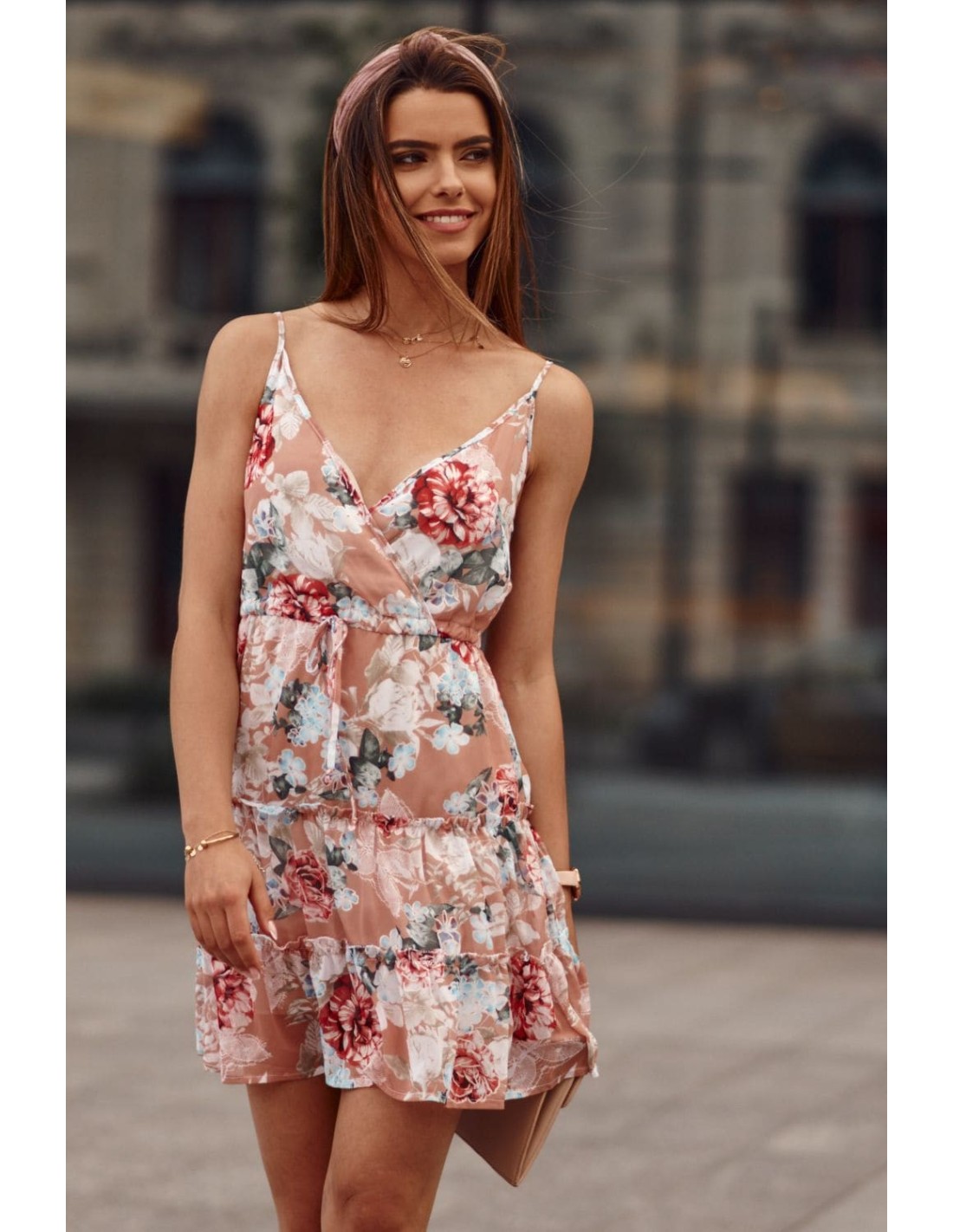 Floral dress with an envelope neckline, powdered PR3211 - Online store - Boutique